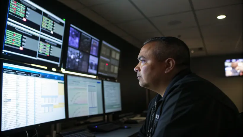 A casino security analyst reviewing multiple computer screens displaying player transaction logs and session data in a dimly lit monitoring room