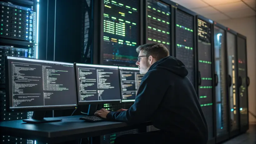 A digital forensics investigator examining data on multiple screens in a casino server room