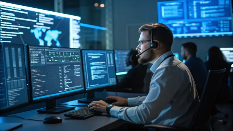 A forensic analyst reviewing server logs and transaction records on multiple monitors in a cybersecurity operations centre