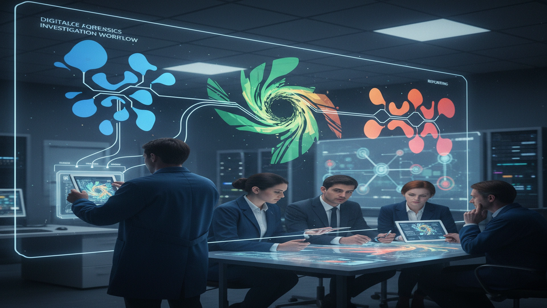 Digital forensics investigation workflow diagram showing evidence acquisition analysis and reporting stages