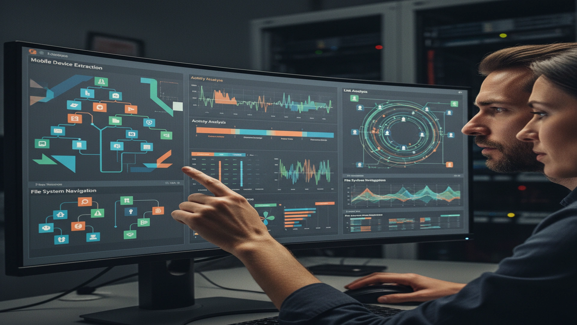 Advanced forensic software interface displaying mobile data extraction and analysis capabilities