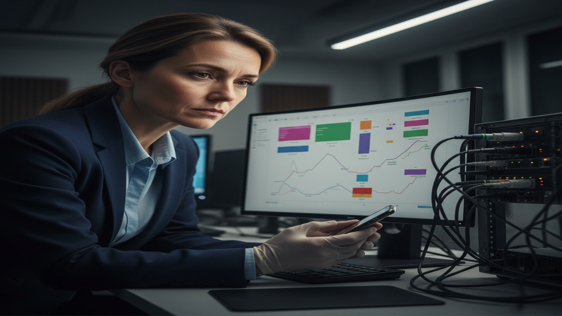 Compliance investigator examining mobile device evidence with forensic workstation showing app data extraction and timeline analysis