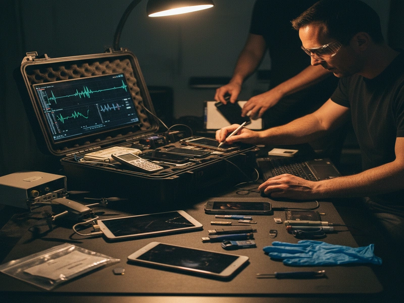 Mobile forensics toolkit with various smartphones and evidence collection equipment