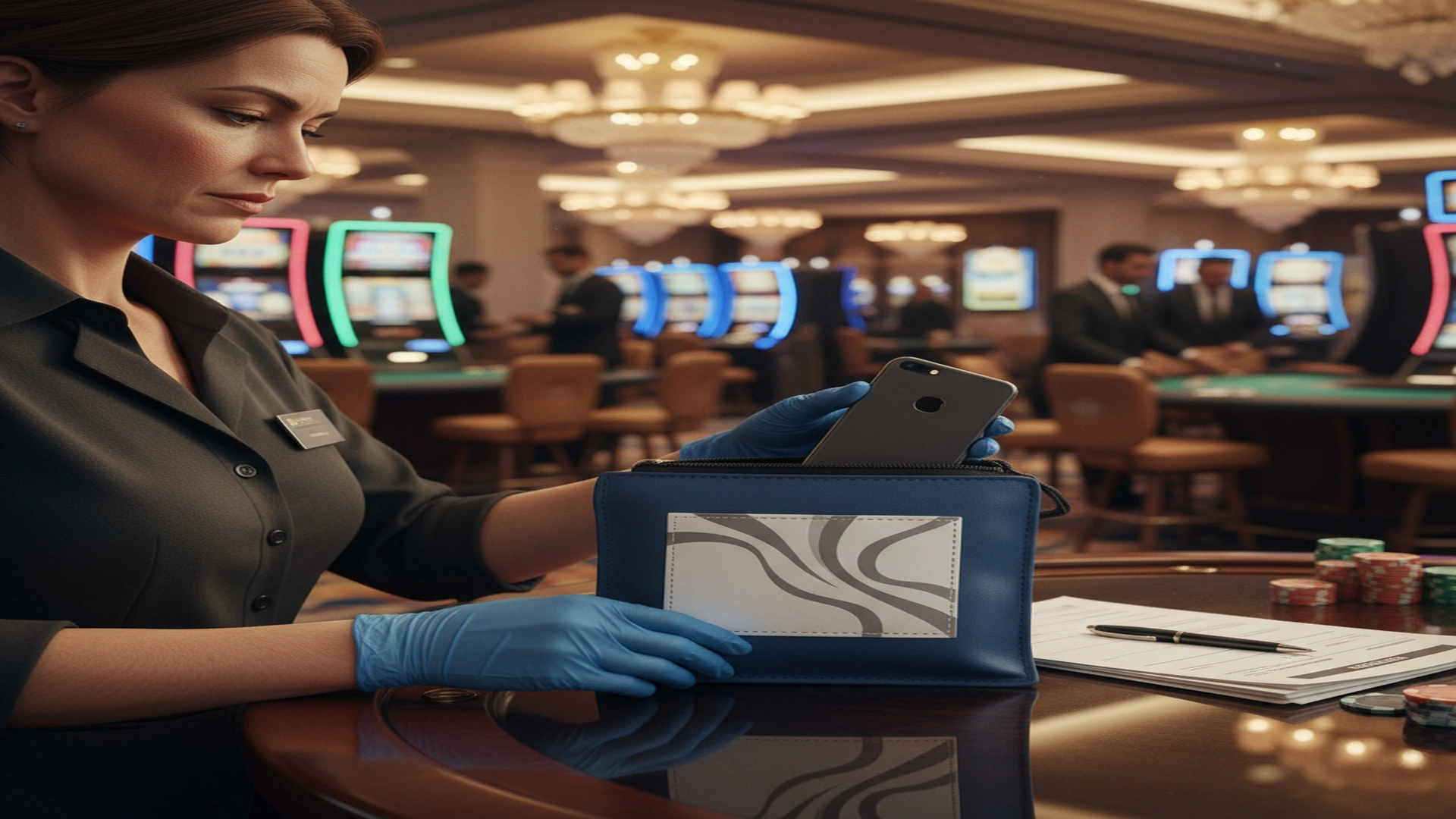 Security investigator placing seized smartphone into professional Faraday bag with evidence documentation label in casino environment