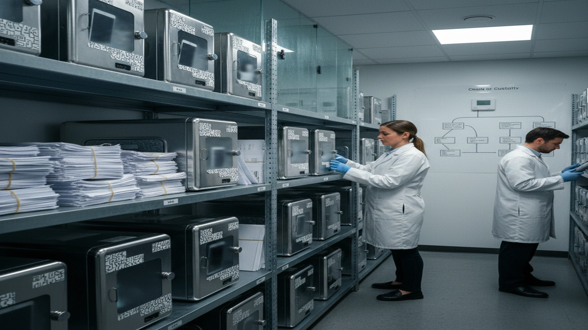 Secure evidence storage room with multiple Faraday enclosures containing seized devices with chain of custody documentation and climate control