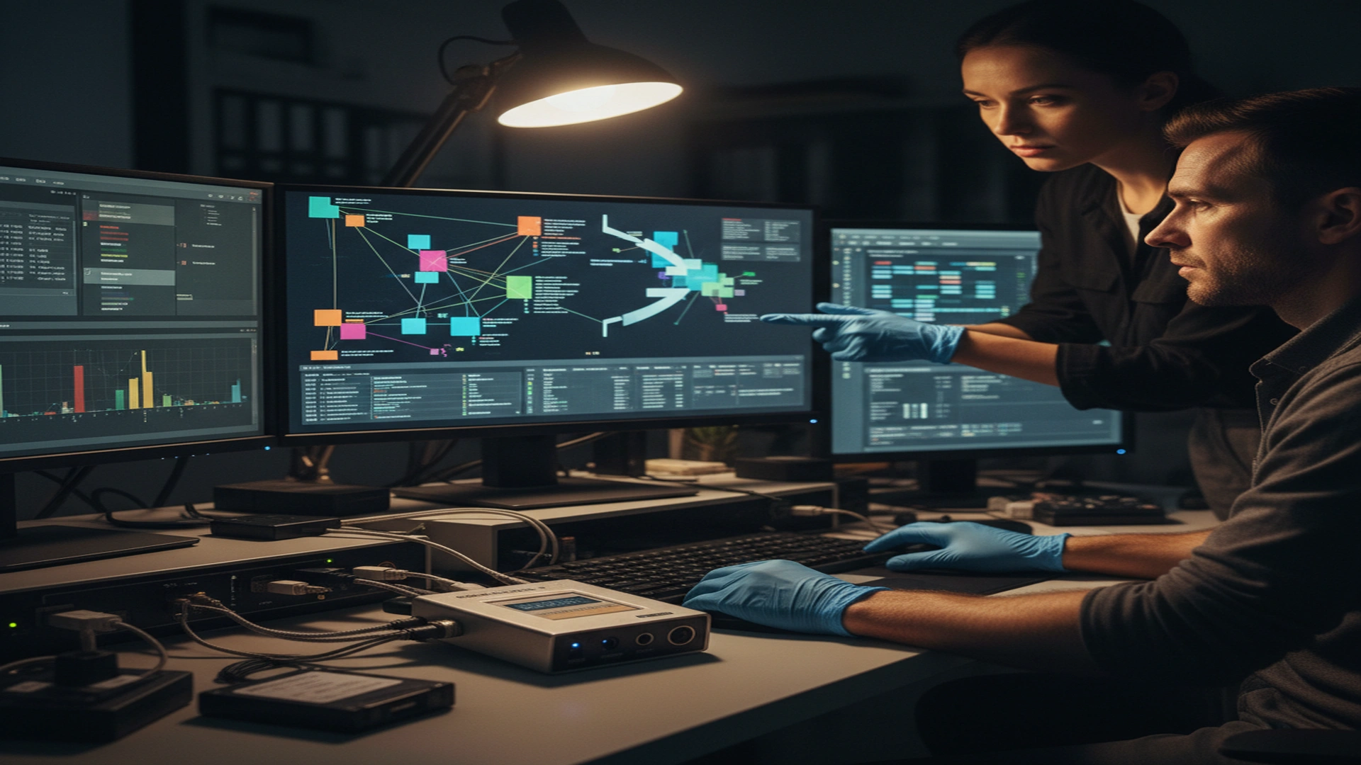 Professional SIM card reader connected to forensic workstation showing contact and message extraction interface with evidence documentation