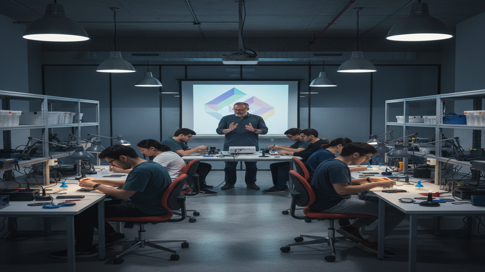 Forensic training laboratory with multiple workstations showing students practicing SIM card extraction techniques under instructor supervision